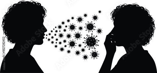 Silhouette of person coughing virus germs on another, airborne infection spread, coronavirus transmission concept, sick man sneezing, health risk vector illustration