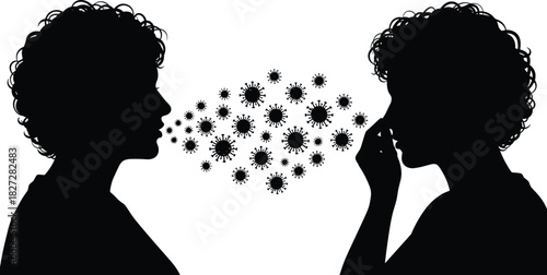 Silhouette of person coughing virus particles on face of another, airborne infection transmission, contagious disease spread, sick people concept, black vector illustration
