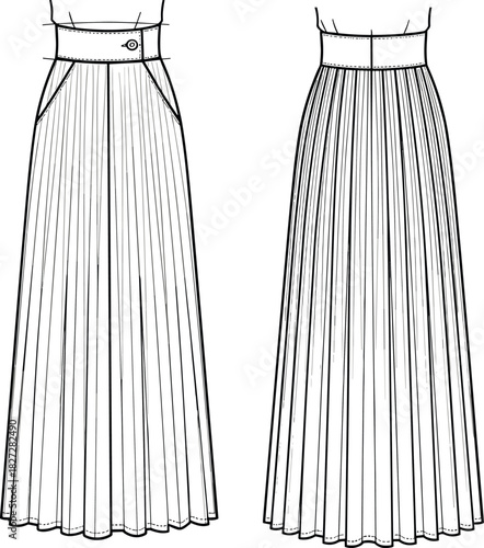 Women's pleated skirt flat sketch, long high waist skirt CAD drawing, fashion technical vector illustration, sewing pattern design template