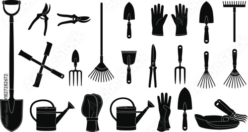 Collection of black silhouette vector icons featuring gardening tools like shovel, rake, gloves, and watering can, isolated on white background for landscaping.