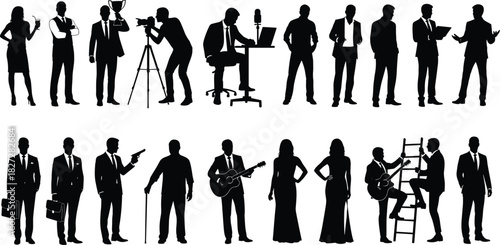 Collection of black silhouette vector illustrations featuring businessmen, musicians, photographers, and women in dresses, isolated on white background, professional career concept.