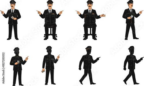 Cad drawing flat vector illustration of airline pilot officer in uniform showing different poses, walking, pointing, sitting, holding, and standing positions