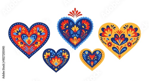 Vibrant Folk Art Hearts Collection on White Background.