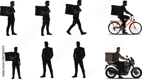 Cad drawing flat vector illustration of delivery man walking standing riding bicycle and motorcycle courier worker silhouette professional design