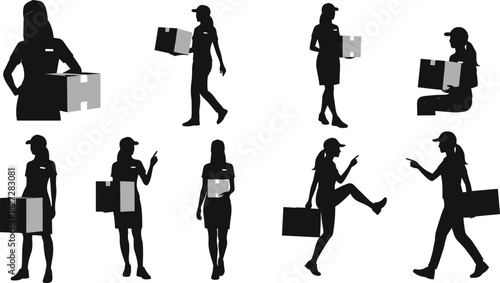Cad drawing flat vector illustration of delivery woman walking sitting holding box pointing gesture courier worker silhouette professional design