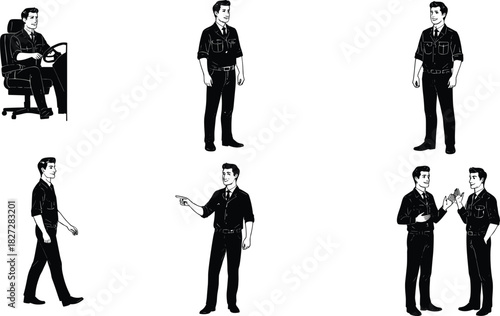 Cad drawing flat vector illustration of male professional character set in various poses, standing, walking, pointing, sitting, talking, teamwork concept