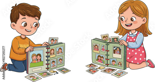 Cartoon boy and girl looking at family photo albums, cute children remembering memories together, childhood nostalgia illustration in colorful style