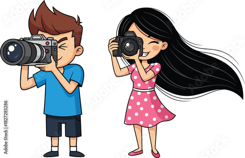 Cartoon boy and girl taking photos with professional cameras, cute photographers illustration, creative kids photography concept in colorful vector art