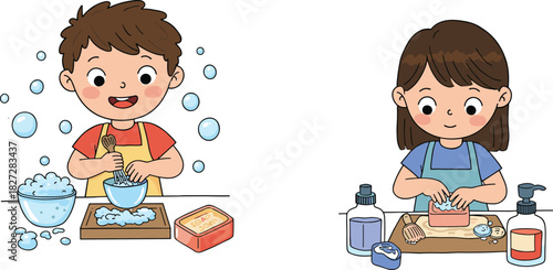 Cute boy and girl making homemade soap, fun science experiment for kids, creative learning activity, cartoon illustration of children with bubbles
