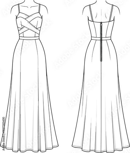 Elegant long evening gown fashion CAD drawing, sleeveless maxi dress with crossover bodice and flare skirt, technical flat vector illustration