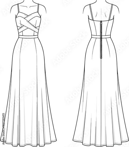 Elegant long evening dress technical fashion flat sketch, strappy gown front and back view, formal wear design, CAD vector illustration