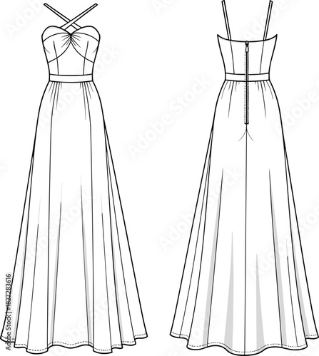 Elegant women long maxi evening gown CAD drawing, sleeveless criss cross neckline dress with flare skirt, technical flat vector illustration