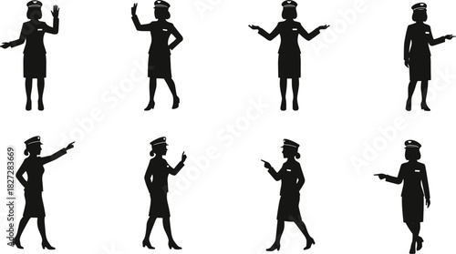 female airline pilot silhouette illustration, woman aviator in uniform posing collection, professional aviation staff gestures, cad vector drawing, black design