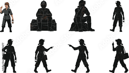 female miner worker illustration, woman mining engineer in uniform collection, industrial labor silhouette poses, hard hat professional, vector art design