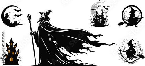 Halloween wizard and flying witch silhouettes, haunted house with full moon, spooky bats night scene, fantasy dark magic illustration vector art