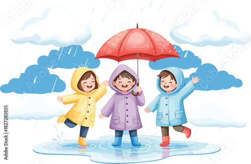 Happy kids playing in rain puddles under red umbrella, colorful raincoats, flat vector illustration of childhood joy and friendship