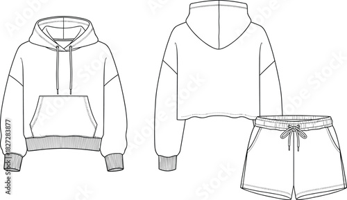 Hoodie and shorts fashion sketch, front and back view, casual wear, technical drawing, cad drawing flat vector illustration, garment template