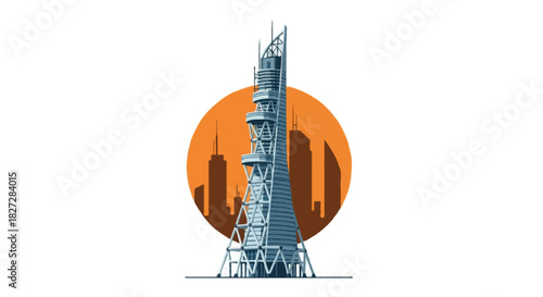 Flat vector skyscraper under construction that narrows toward the top, curved upper floors, tubular support beams