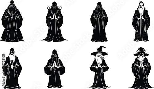Mystical wizard silhouette collection with long beard and robe, fantasy magician character design, dark sorcerer illustration, magic master vector art