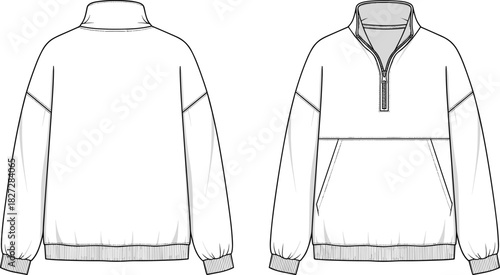 Quarter-zip sweatshirt fashion sketch, front and back view, pullover design, technical drawing, cad drawing flat vector illustration, garment template