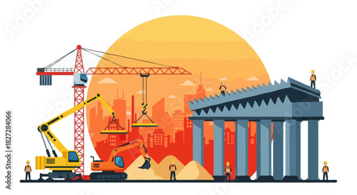 Flat vector scene with heavy industrial building on thick columns, robotic lifting arm assisting a tower crane, excavator near sand piles