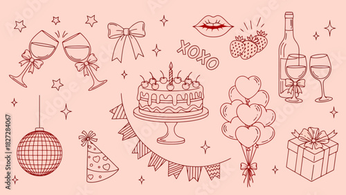 Festive Celebration Elements Cake Drinks Balloons Gifts and Party Decor Hand Drawn Style