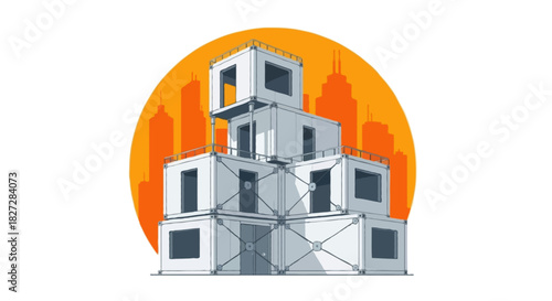 Flat vector boxy modular building under construction, stacked square modules, exposed edges, simple steel connectors