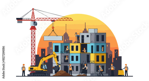 Flat vector full construction scene with a modular multi-story building, tall tower crane lifting a wide prefab panel, compact excavator moving soil