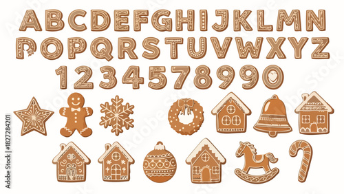 Alphabet Numbers and Festive Shapes Made From Gingerbread Cookies Isolated White Background Holiday Baking Elements