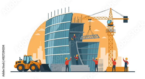 Flat vector scene featuring a curved futuristic building under construction, crane on the right lowering a structural beam, loader on the left with material piles