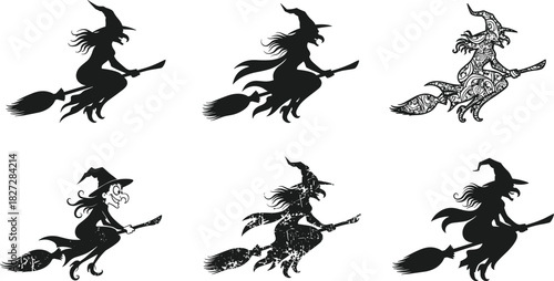 Set of flying witch silhouettes on broomsticks, Halloween magic design, spooky female sorceress illustration, fantasy vector art, night concept, horror theme