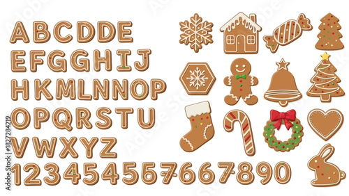 Gingerbread Letters Numbers and Holiday Shapes Festive Baked Goods Alphabet and Icons for Seasonal Design