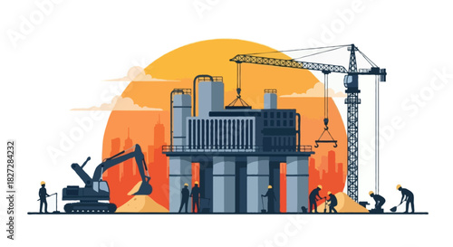 Flat vector scene with heavy industrial building on thick columns, robotic lifting arm assisting a tower crane, excavator near sand piles