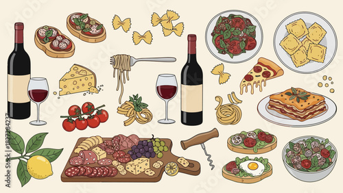 Delicious Italian Cuisine and Wine Collection Hand Drawn Vector Illustrations for Food Drink Marketing