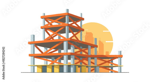 Flat vector multi-floor construction building with thick horizontal beams and simple vertical pillars