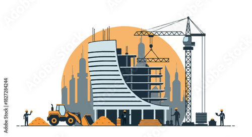 Flat vector scene featuring a curved futuristic building under construction, crane on the right lowering a structural beam, loader on the left with material piles