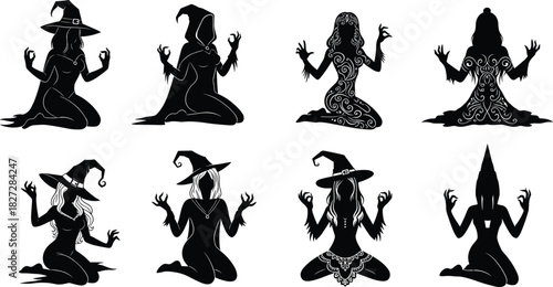 Set of kneeling witch silhouettes in meditation pose, mystical female sorceress vector art, Halloween magic ritual, fantasy witchcraft illustration