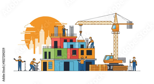 Flat vector construction scene with panel-based multi-level building, mobile crane with extended boom on the right, material stacks below