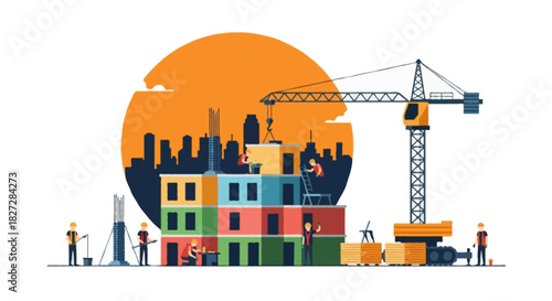 Flat vector construction scene with panel-based multi-level building, mobile crane with extended boom on the right, material stacks below