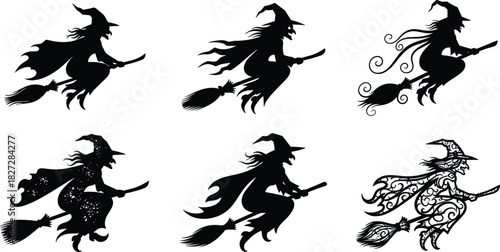 Silhouette collection of flying witches on broomsticks, Halloween witch vector illustration, spooky female sorceress, magical broom flight, fantasy design