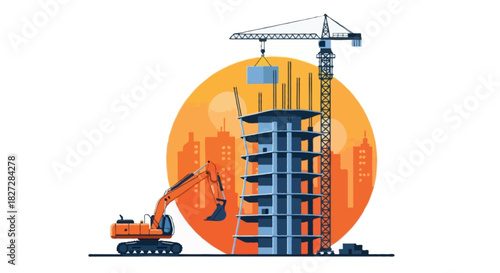 Flat vector illustration showing a tall asymmetric building frame, large excavator on the left, crane on the top placing a panel
