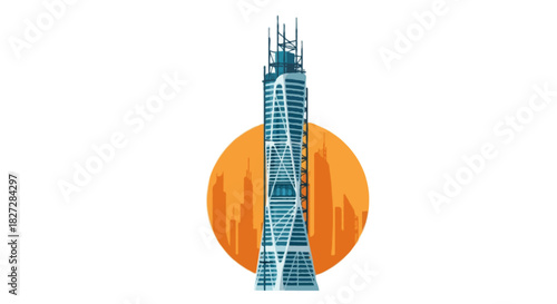 Flat vector skyscraper under construction that narrows toward the top, curved upper floors, tubular support beams