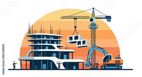 Flat vector illustration of a modern construction site scene featuring a wide