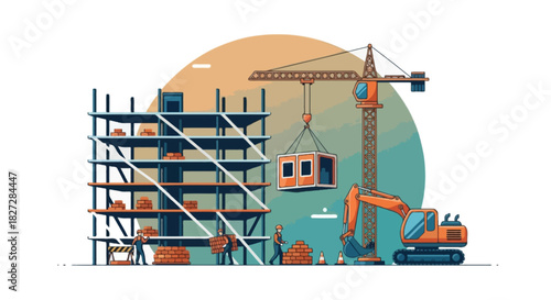 Flat vector construction site illustration with a large soft-gradient circular backdrop in warm amber or teal tones positioned behind the scene