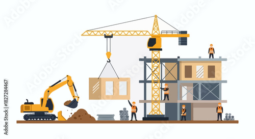 Flat vector illustration of a multi-level building under construction