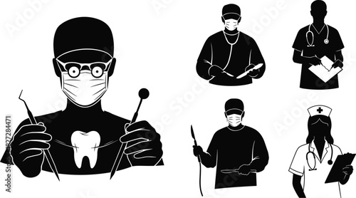 Silhouette illustration of dentist and doctors with surgical tools, nurse and healthcare professionals wearing masks, medical treatment and dental care concept