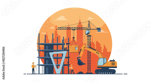 Flat vector illustration of a modern construction site scene, featuring a wide orange circular background with a soft gradient