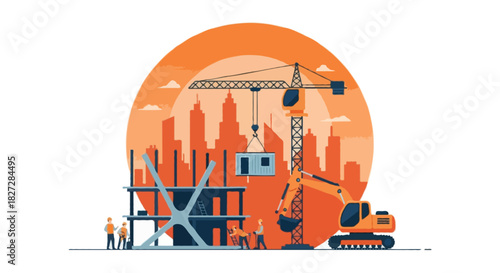 Flat vector illustration of a modern construction site scene, featuring a wide orange circular background with a soft gradient