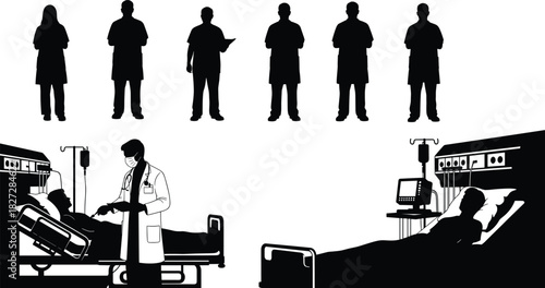 Silhouette of doctors and nurses in hospital ward, medical team treating patients in intensive care unit healthcare concept illustration