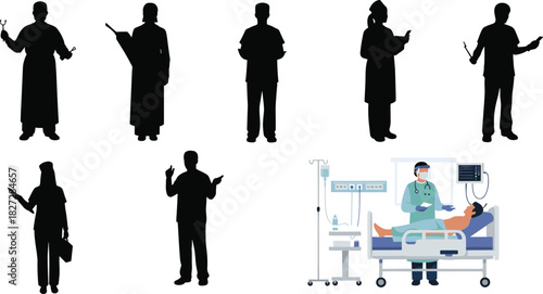 Silhouette of doctors and nurses with hospital scene, medical staff treating patient in intensive care unit healthcare concept illustration